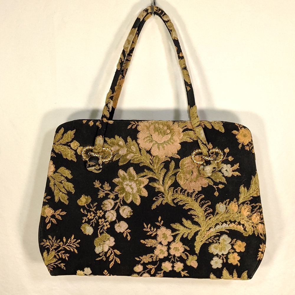 Vintage Crown Lewis black floral chenille tapestry hand bag